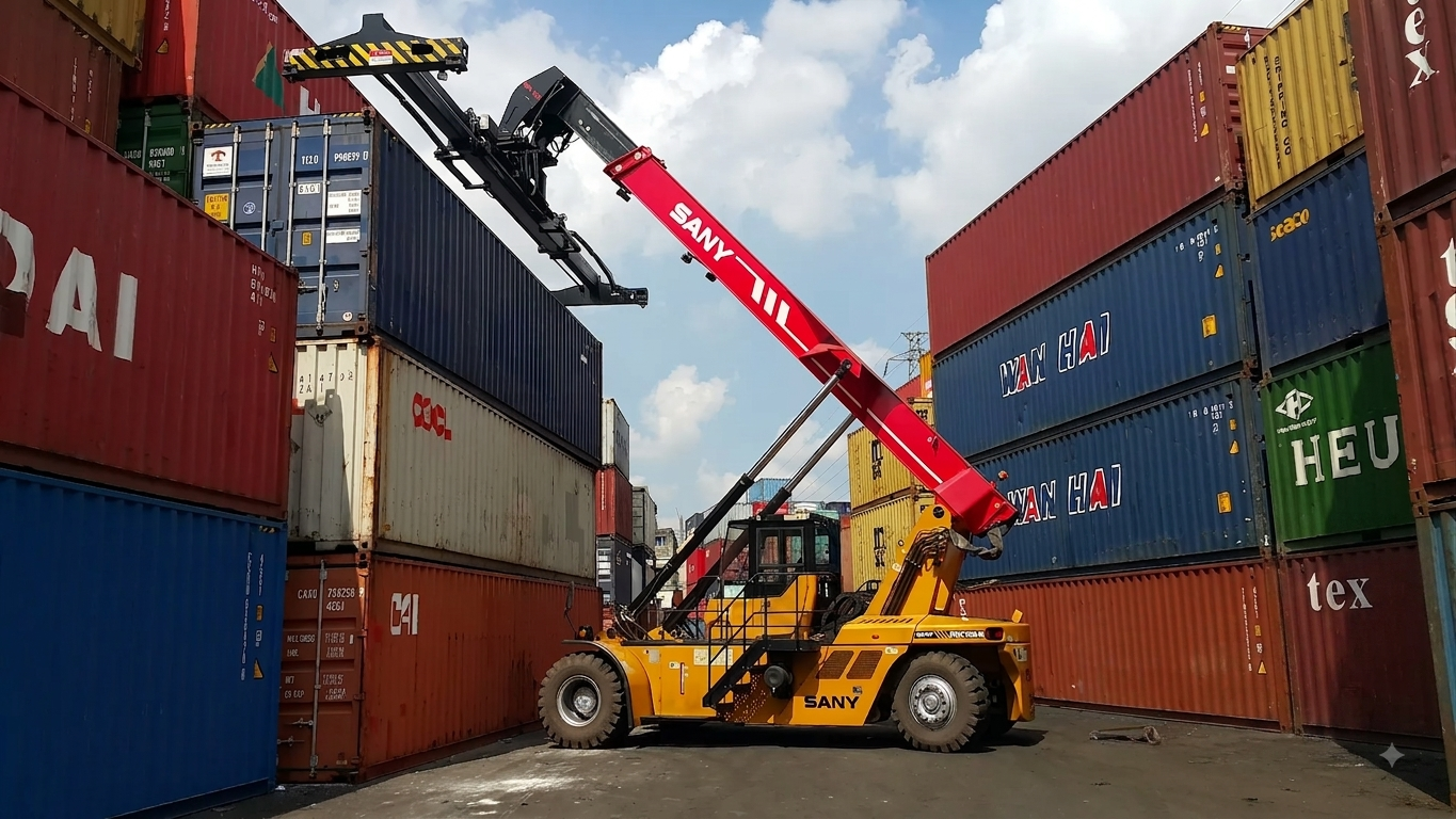 Reach stacker SANY operando em pátio de contêineres no terminal portuário