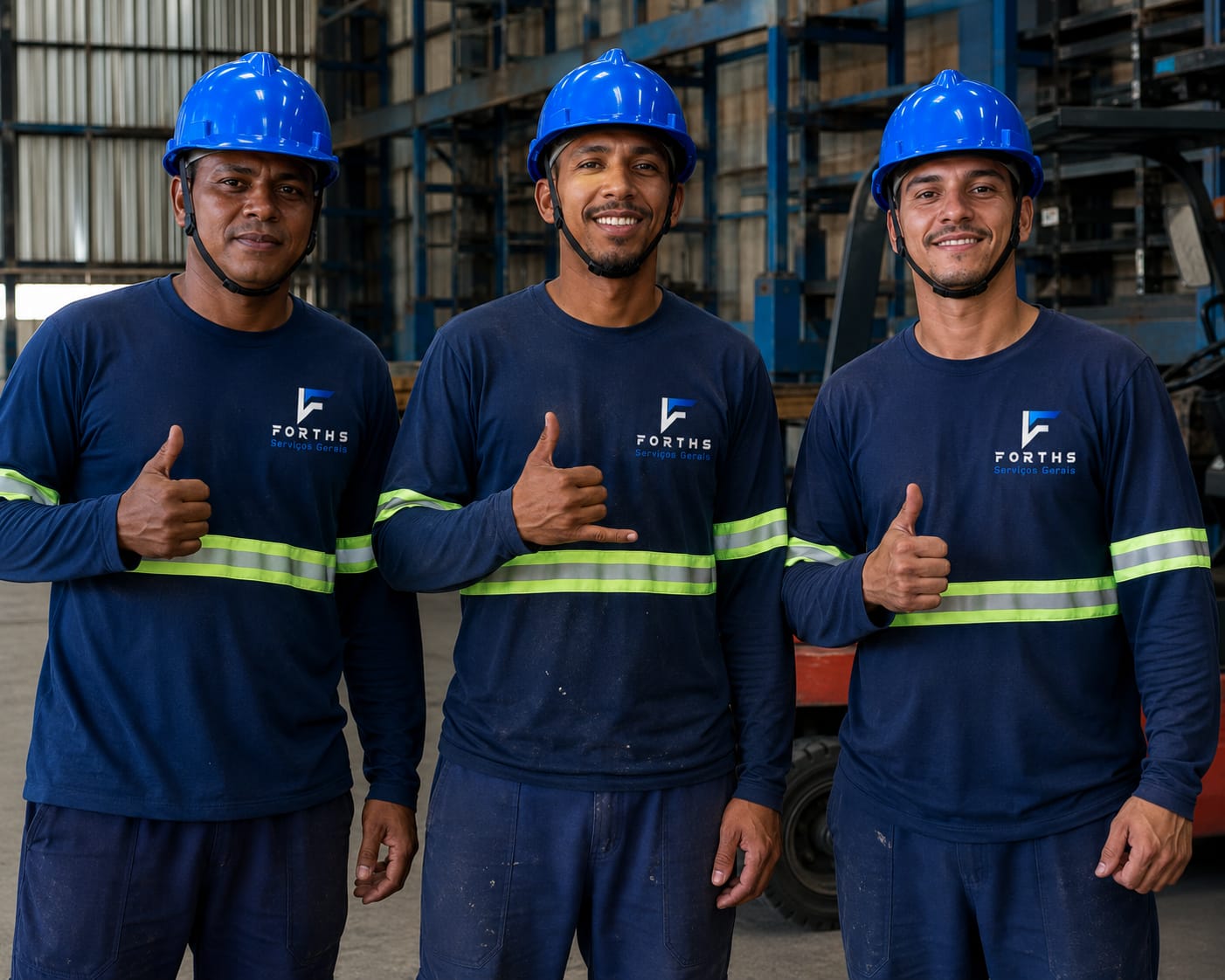 Equipe da Forths Serviços Gerais uniformizada com capacete e faixas refletivas